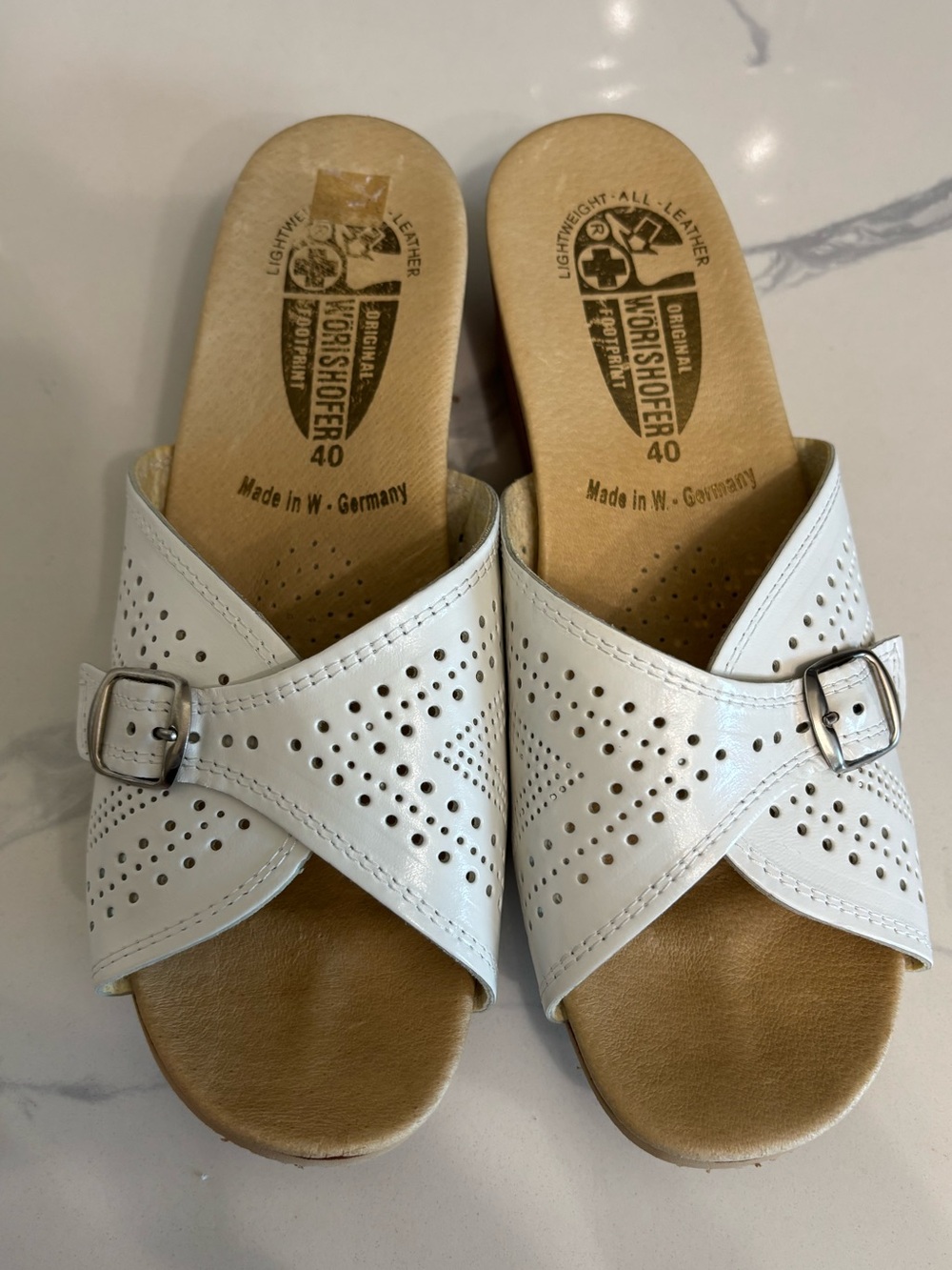 WORISHOFER White Perforated Leather Slide Clogs with Buckle Size 9